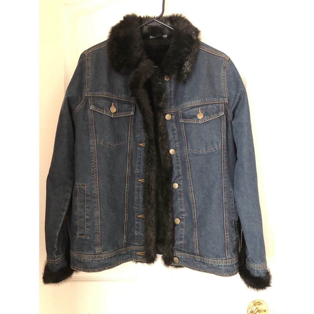 Dennis Basso Jacket Blue Denim Collared Black Faux Mink Size XS